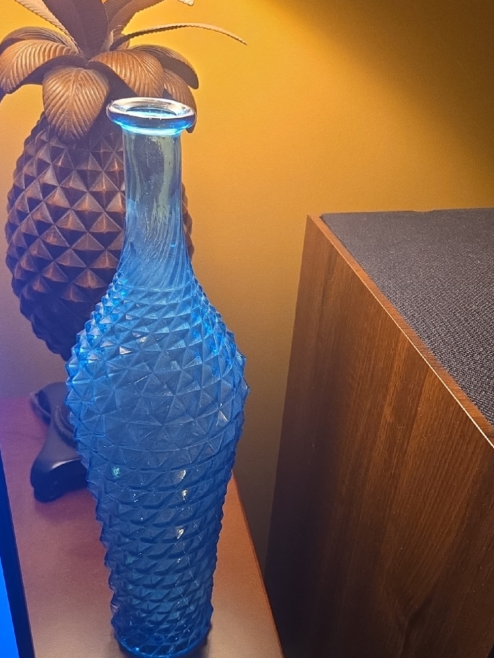 Vintage Empoli Art Glass Genie Bottle Blue Pineapple Diamond Point